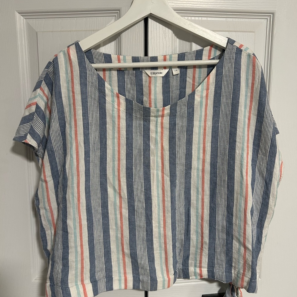Reitmans Blue and Red Striped Short Sleeve Top